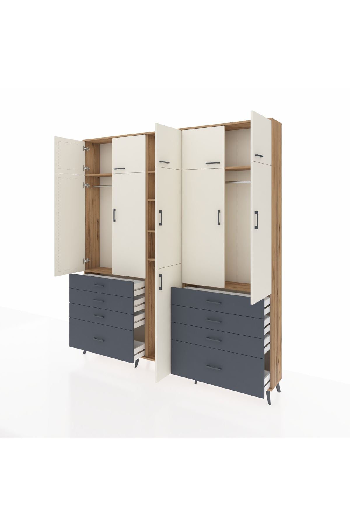 Arges Dolap 8 Raflı 8 Çekmeceli 3 Askılı 220x30x243 Çam-Aytaşı/Antrasit