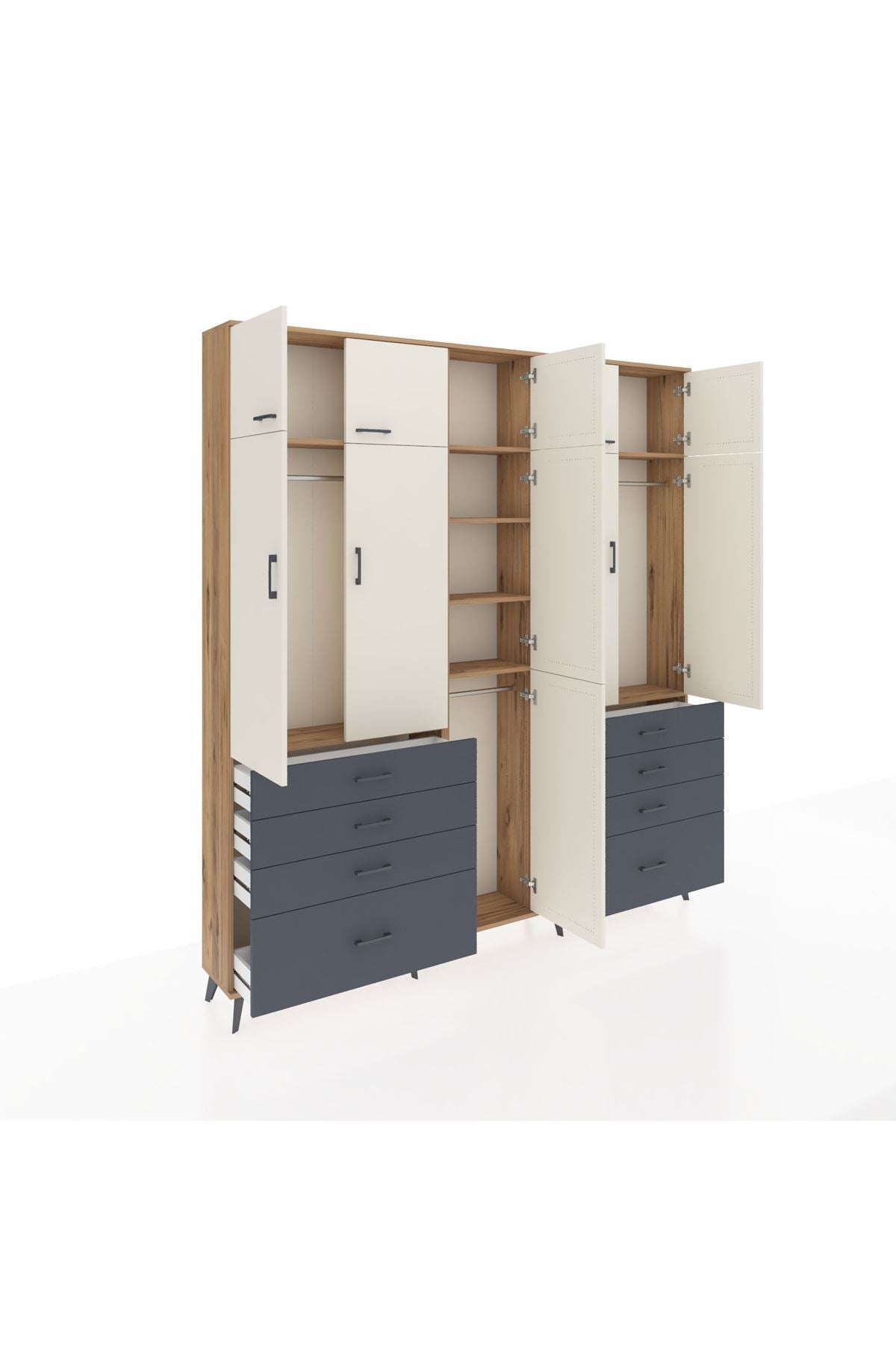 Arges Dolap 8 Raflı 8 Çekmeceli 3 Askılı 220x30x243 Çam-Aytaşı/Antrasit