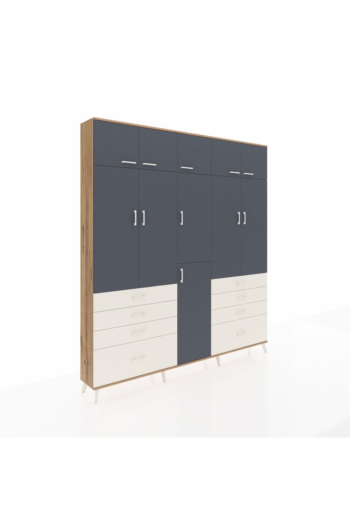 Arges Dolap 8 Raflı 8 Çekmeceli 3 Askılı 220x30x243 Çam-Antrasit/Aytaşı