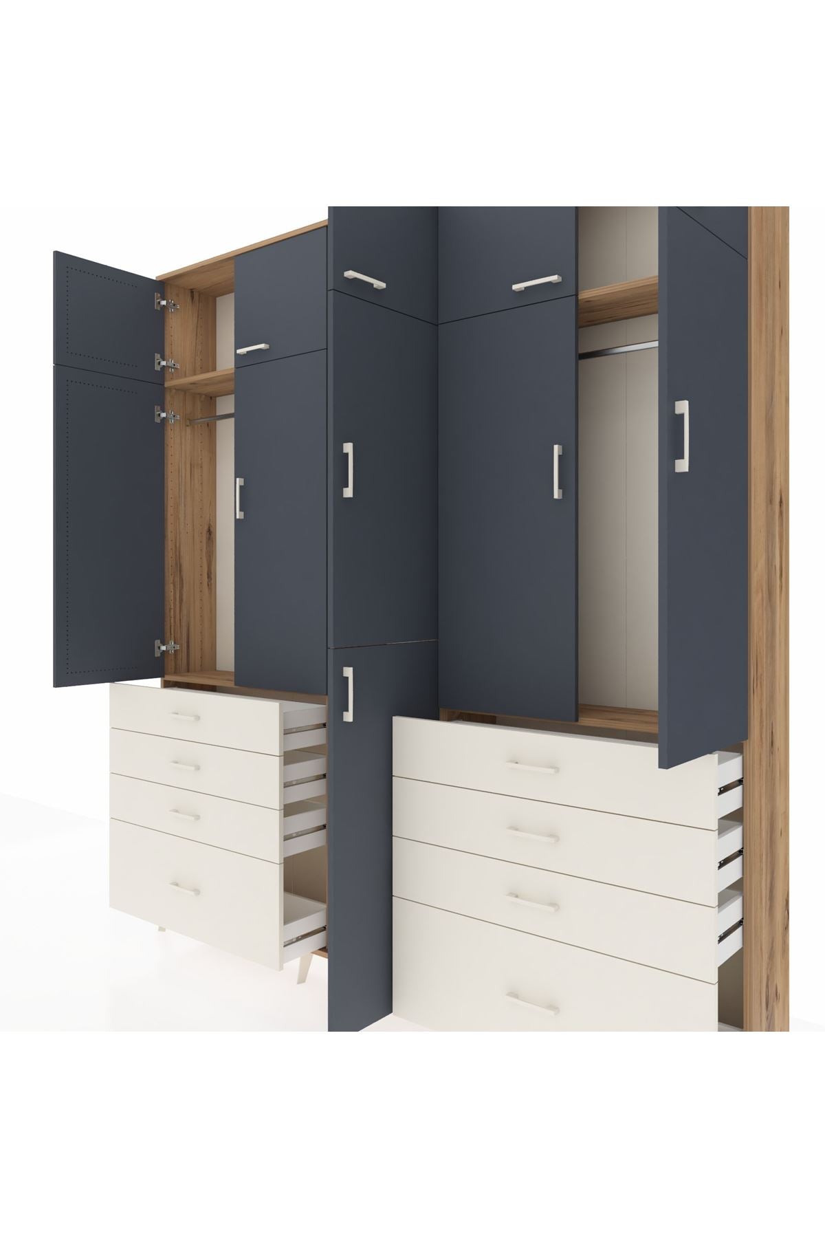 Arges Dolap 8 Raflı 8 Çekmeceli 3 Askılı 220x30x243 Çam-Antrasit/Aytaşı