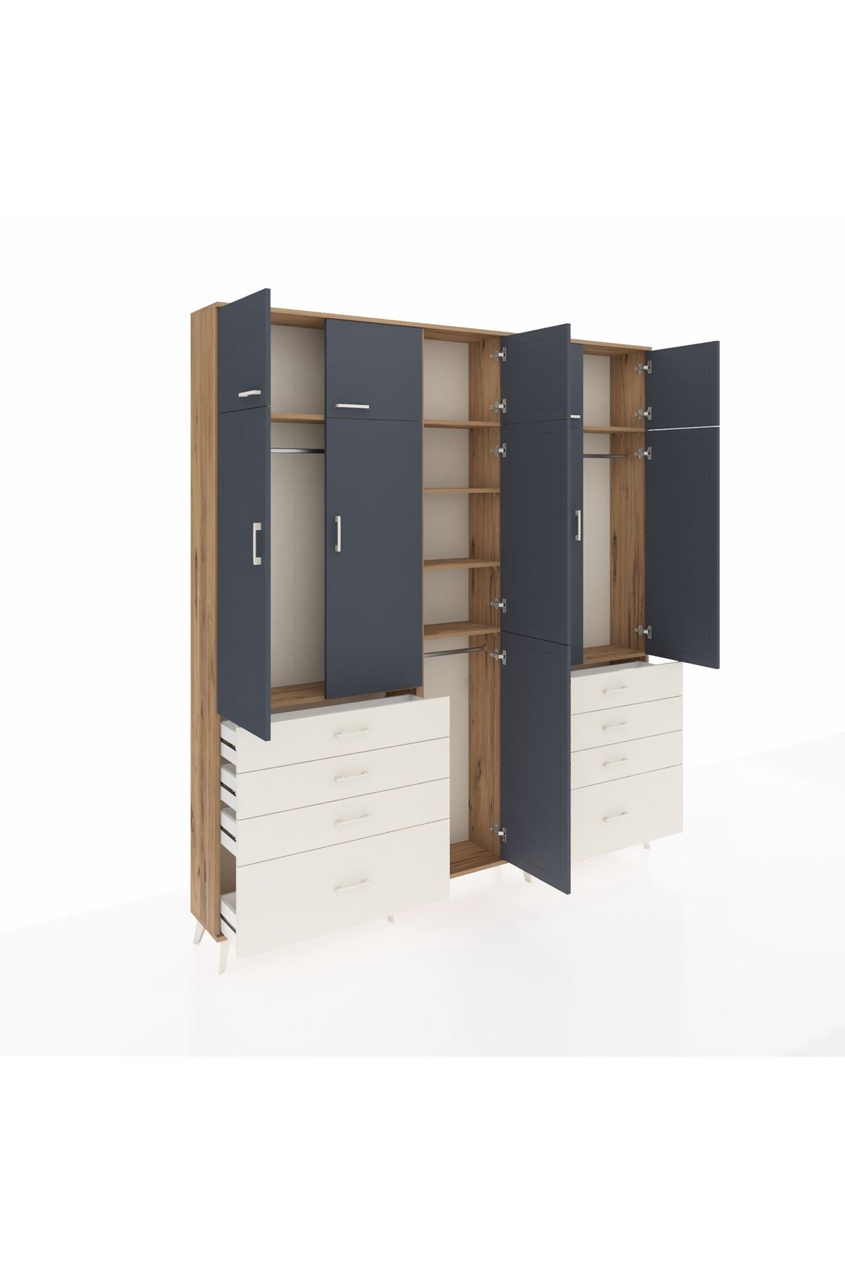 Arges Dolap 8 Raflı 8 Çekmeceli 3 Askılı 220x30x243 Çam-Antrasit/Aytaşı