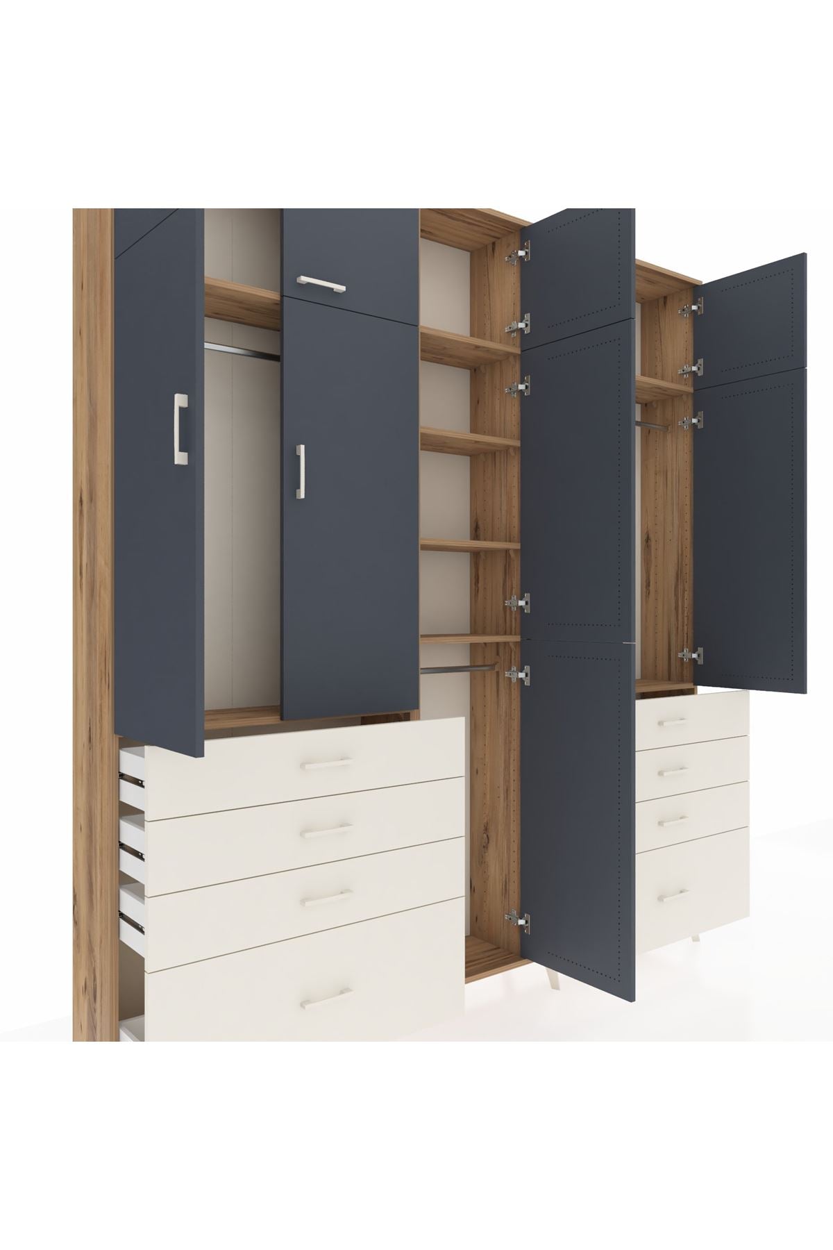 Arges Dolap 8 Raflı 8 Çekmeceli 3 Askılı 220x30x243 Çam-Antrasit/Aytaşı