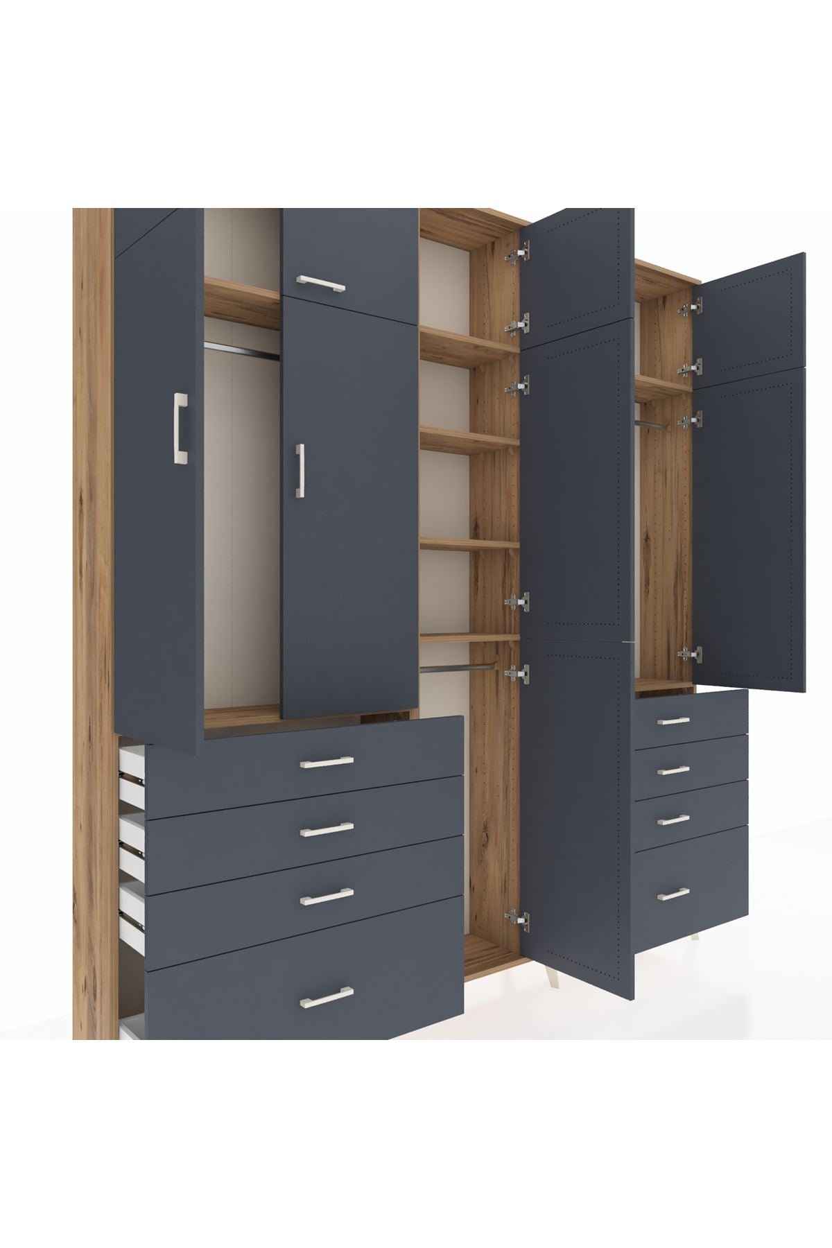 Arges Gardrop 8 Raflı 8 Çekmeceli 3 Askılı 220x30x243 Çam-Antrasit