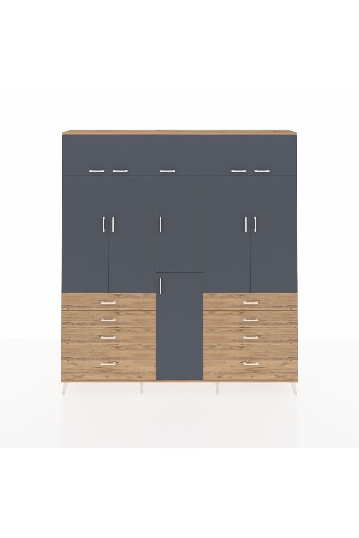 Arges Dolap 8 Raflı 8 Çekmeceli 3 Askılı 220x30x243 Çam-Antrasit/Çam