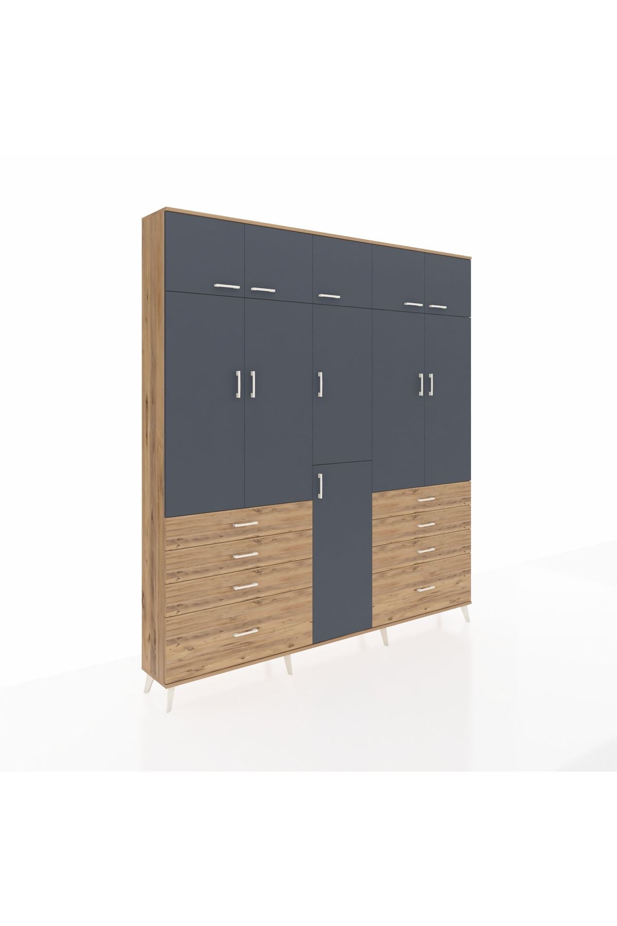 Arges Dolap 8 Raflı 8 Çekmeceli 3 Askılı 220x30x243 Çam-Antrasit/Çam