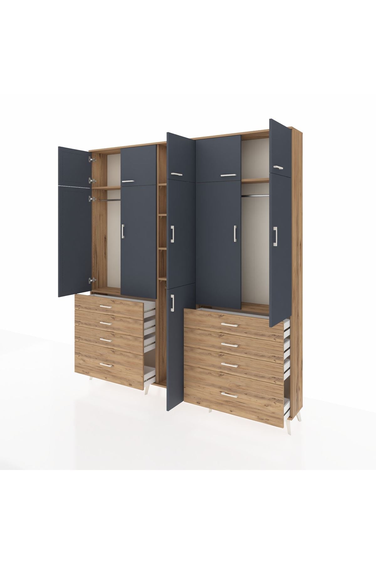 Arges Dolap 8 Raflı 8 Çekmeceli 3 Askılı 220x30x243 Çam-Antrasit/Çam