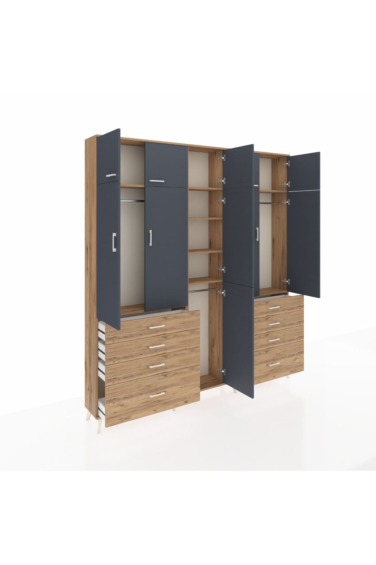 Arges Dolap 8 Raflı 8 Çekmeceli 3 Askılı 220x30x243 Çam-Antrasit/Çam