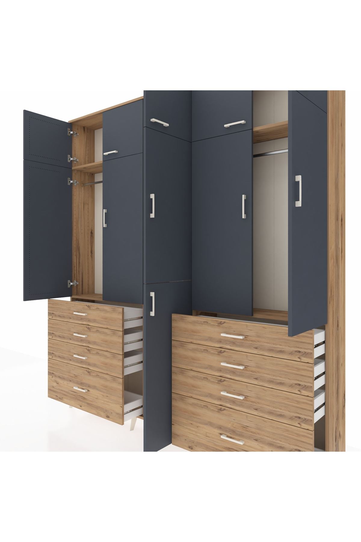 Arges Dolap 8 Raflı 8 Çekmeceli 3 Askılı 220x30x243 Çam-Antrasit/Çam