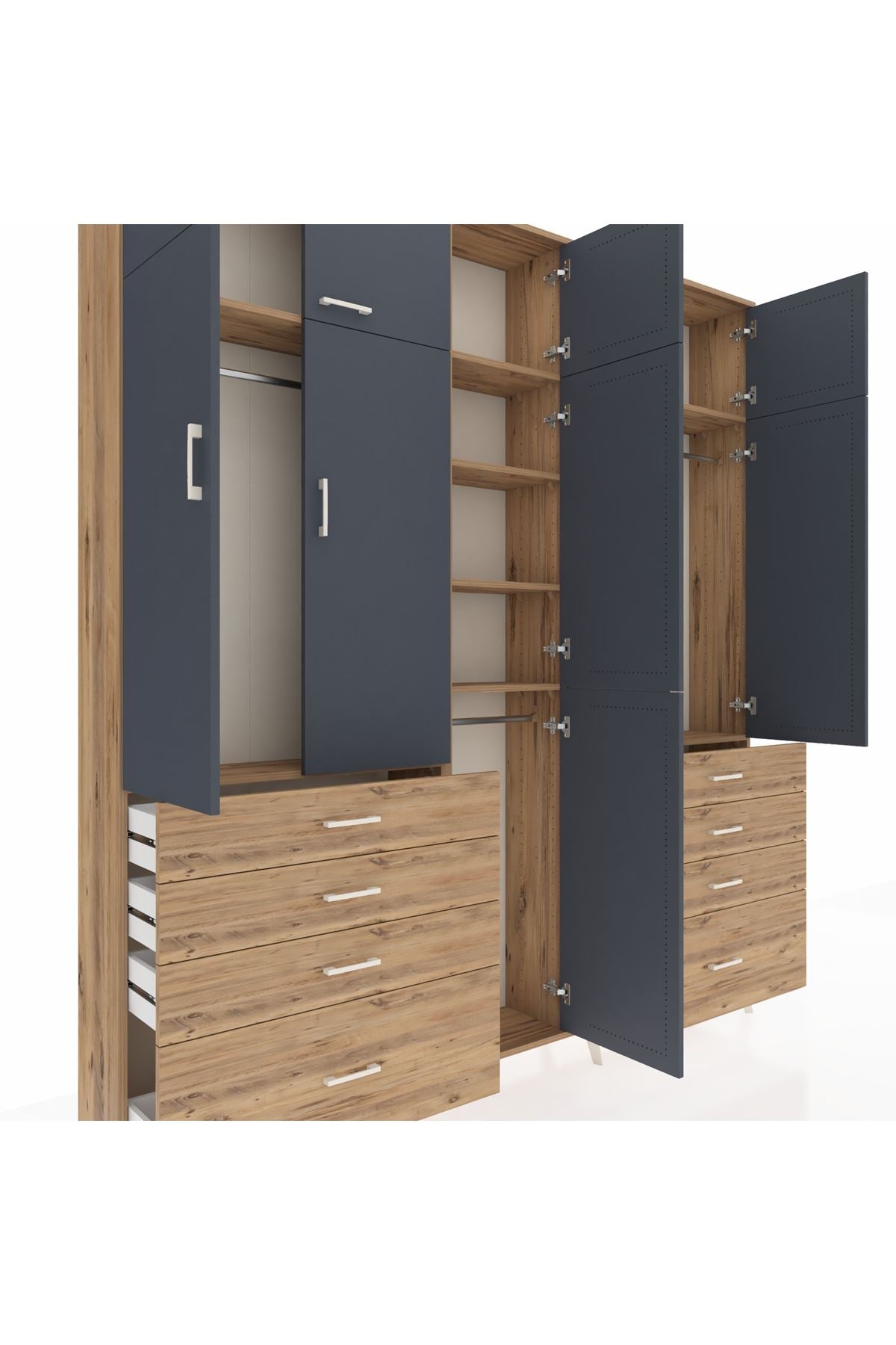 Arges Dolap 8 Raflı 8 Çekmeceli 3 Askılı 220x30x243 Çam-Antrasit/Çam