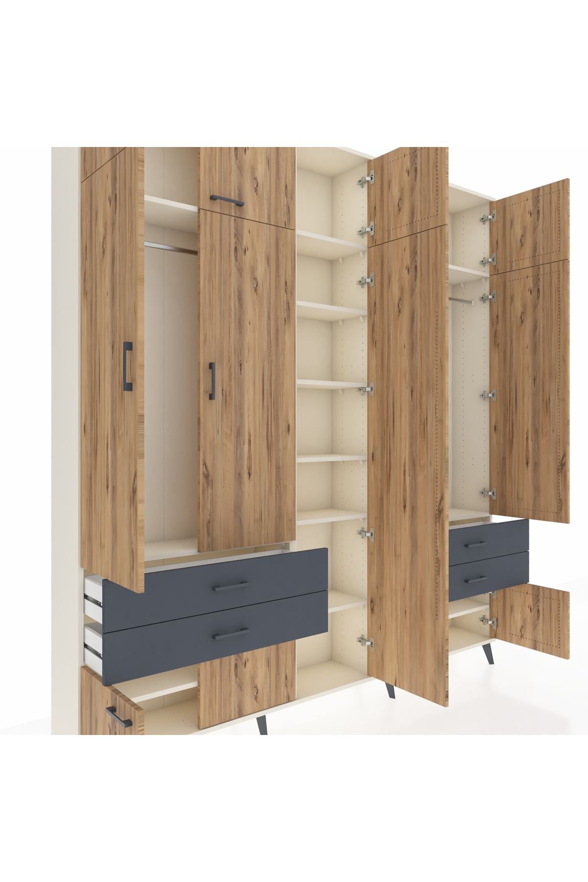 Arges Dolap 12 Raflı 4 Çekmeceli 2 Askılı 220x30x243 Aytaşı-Çam/Antrasit