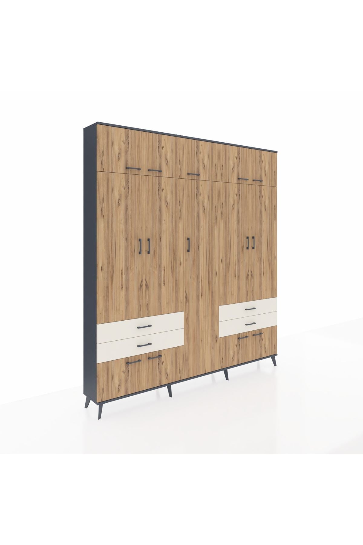 Arges Dolap 12 Raflı 4 Çekmeceli 2 Askılı 220x30x243 Antrasit-Çam/Aytaşı