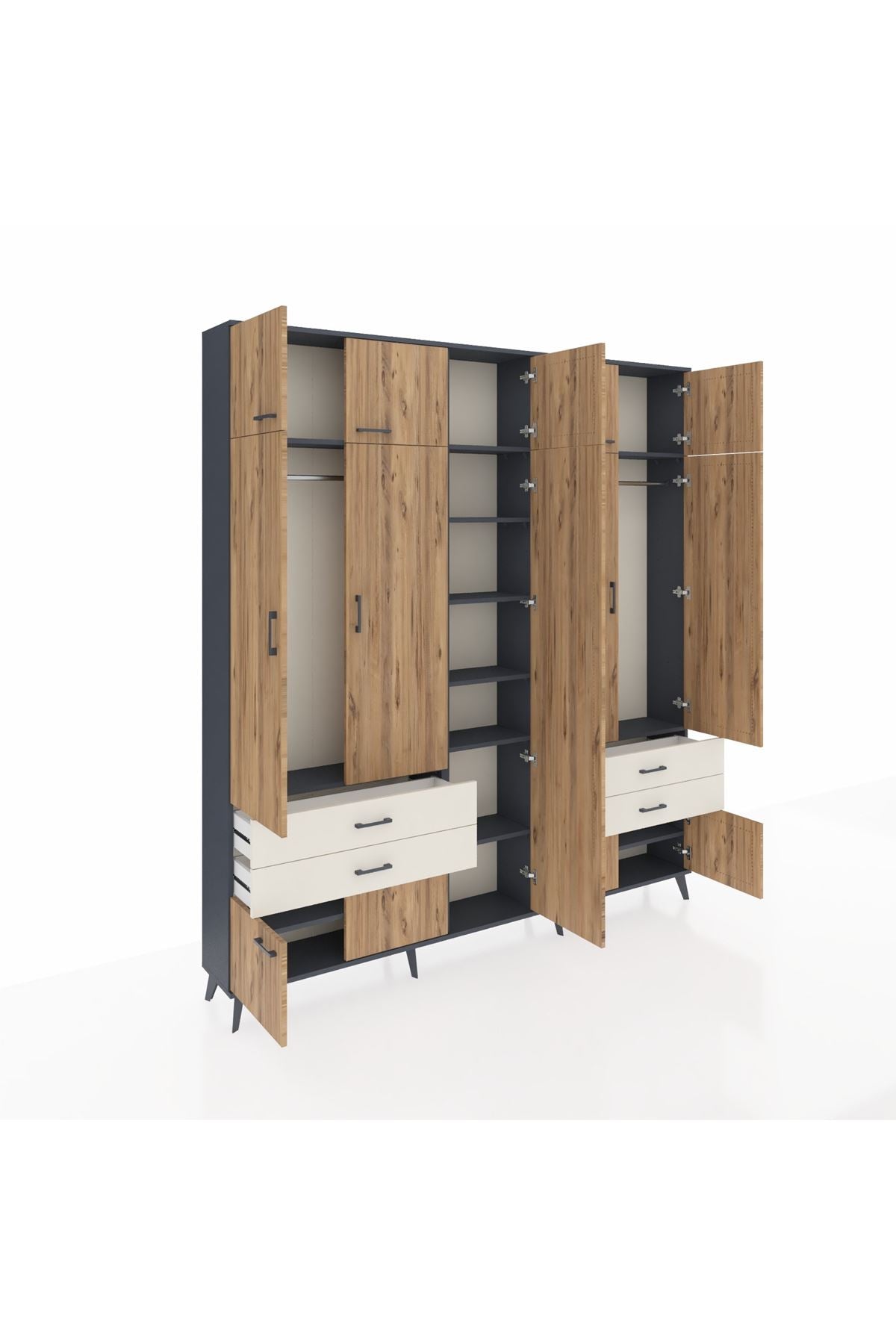 Arges Dolap 12 Raflı 4 Çekmeceli 2 Askılı 220x30x243 Antrasit-Çam/Aytaşı