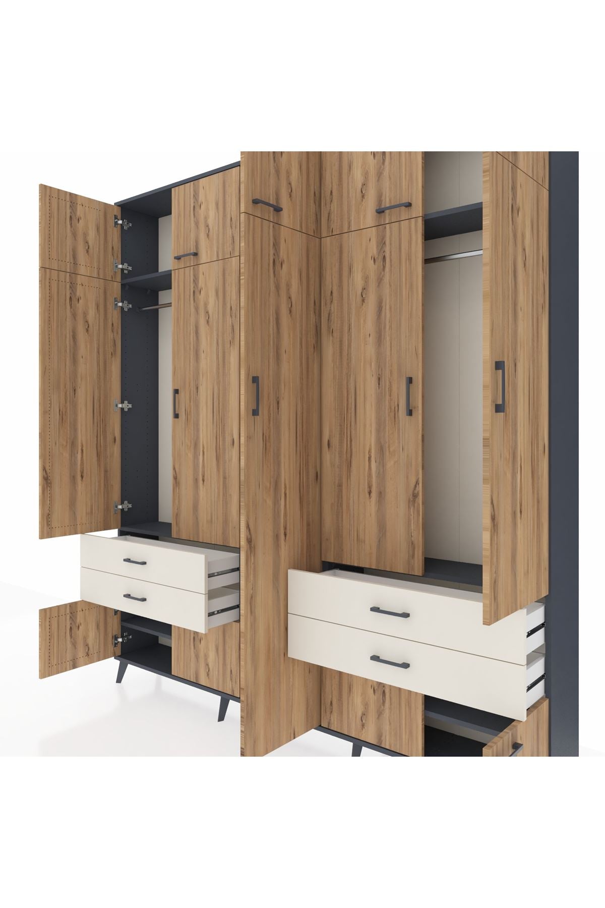 Arges Dolap 12 Raflı 4 Çekmeceli 2 Askılı 220x30x243 Antrasit-Çam/Aytaşı