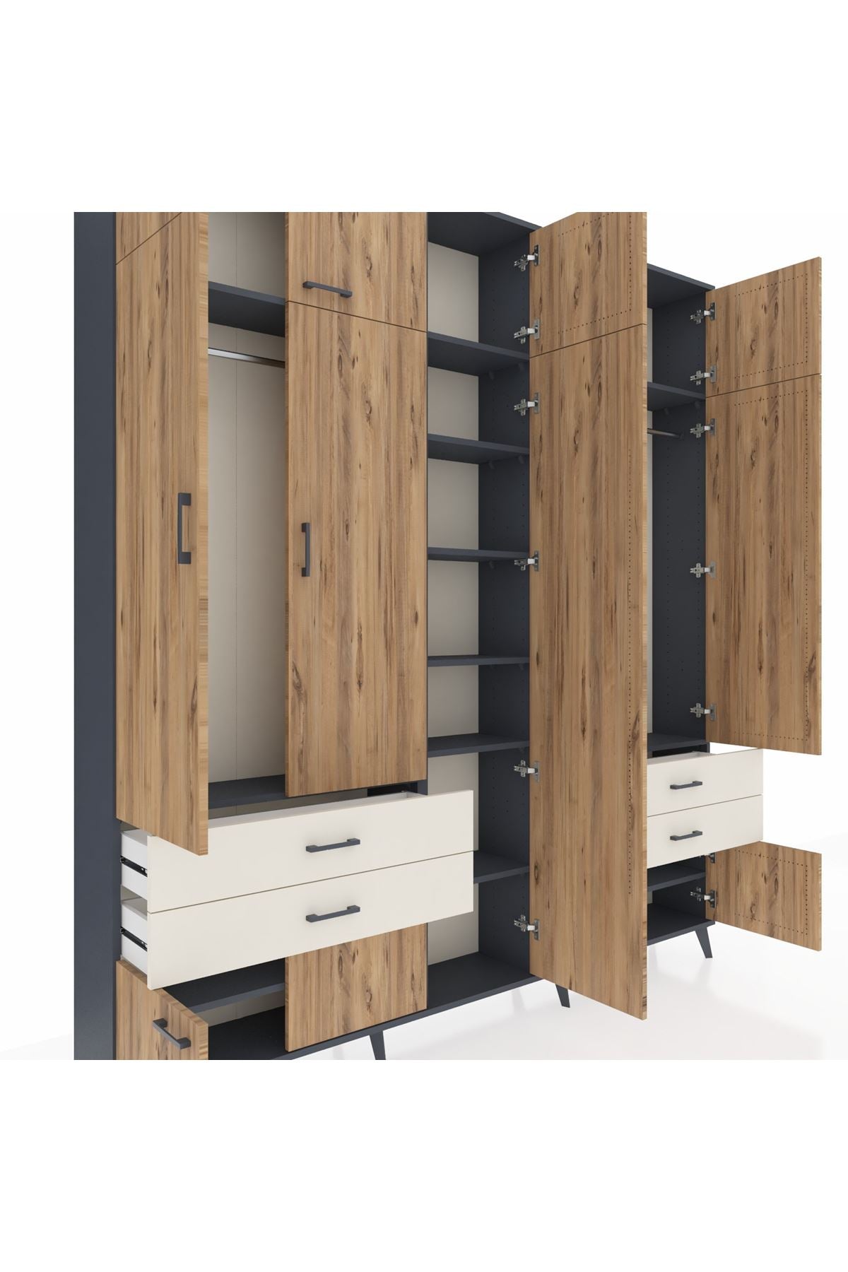 Arges Dolap 12 Raflı 4 Çekmeceli 2 Askılı 220x30x243 Antrasit-Çam/Aytaşı