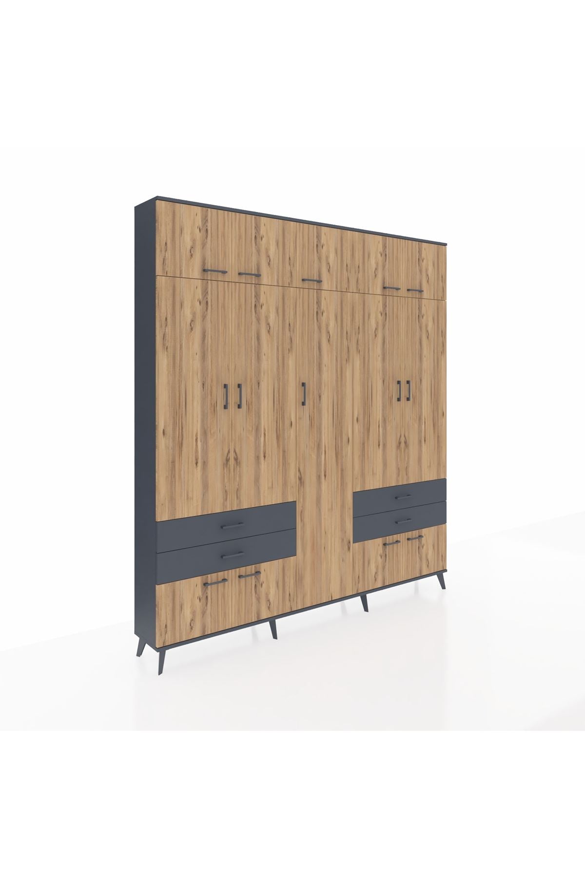 Arges Dolap 12 Raflı 4 Çekmeceli 2 Askılı 220x30x243 Antrasit-Çam/Antrasit