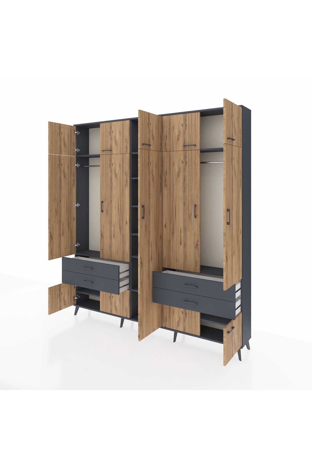 Arges Dolap 12 Raflı 4 Çekmeceli 2 Askılı 220x30x243 Antrasit-Çam/Antrasit