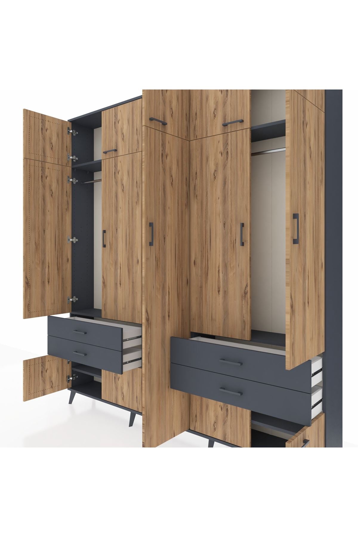 Arges Dolap 12 Raflı 4 Çekmeceli 2 Askılı 220x30x243 Antrasit-Çam/Antrasit