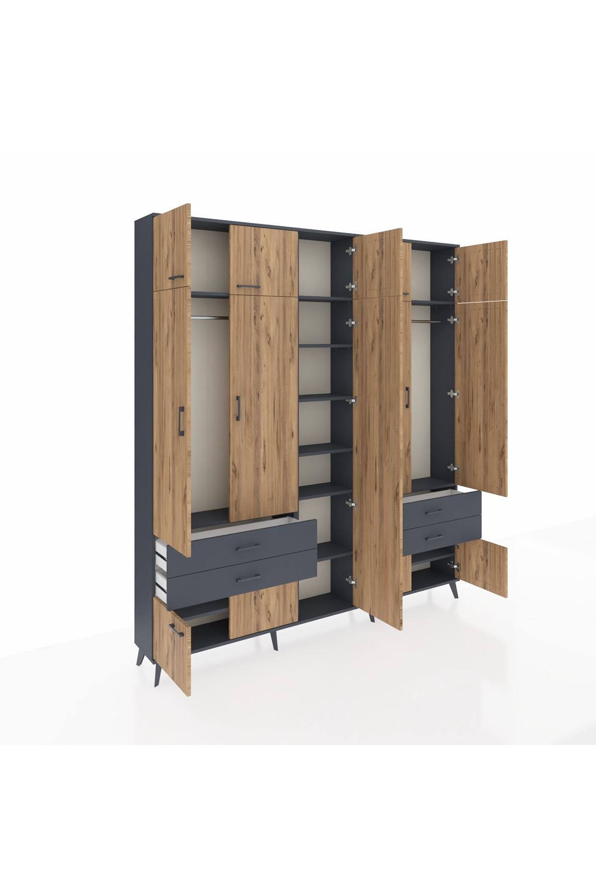 Arges Dolap 12 Raflı 4 Çekmeceli 2 Askılı 220x30x243 Antrasit-Çam/Antrasit