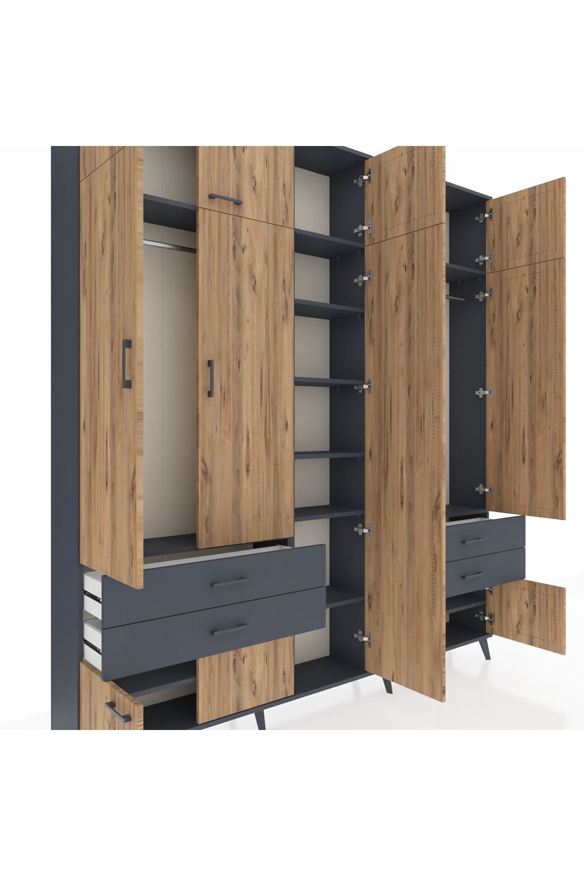 Arges Dolap 12 Raflı 4 Çekmeceli 2 Askılı 220x30x243 Antrasit-Çam/Antrasit