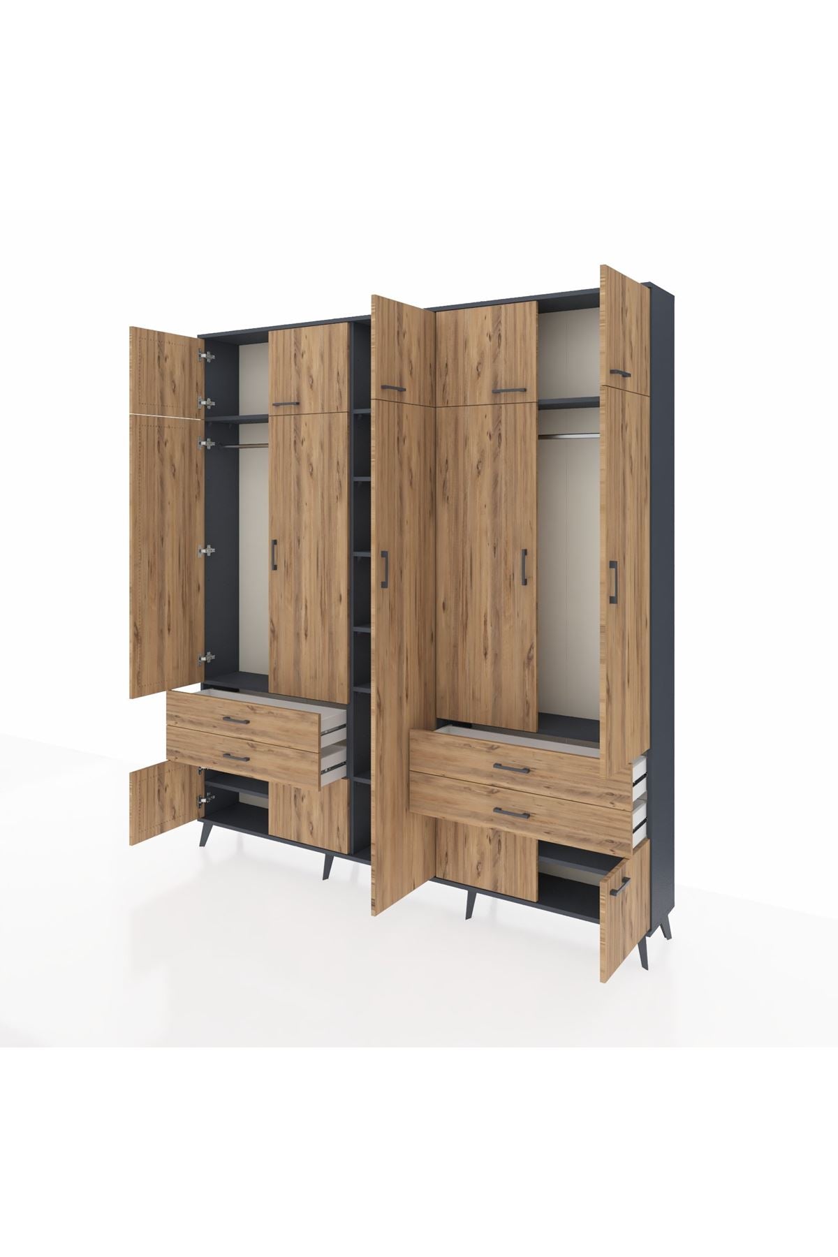 Arges Gardrop 12 Raflı 4 Çekmeceli 2 Askılı 220x30x243 Antrasit-Çam