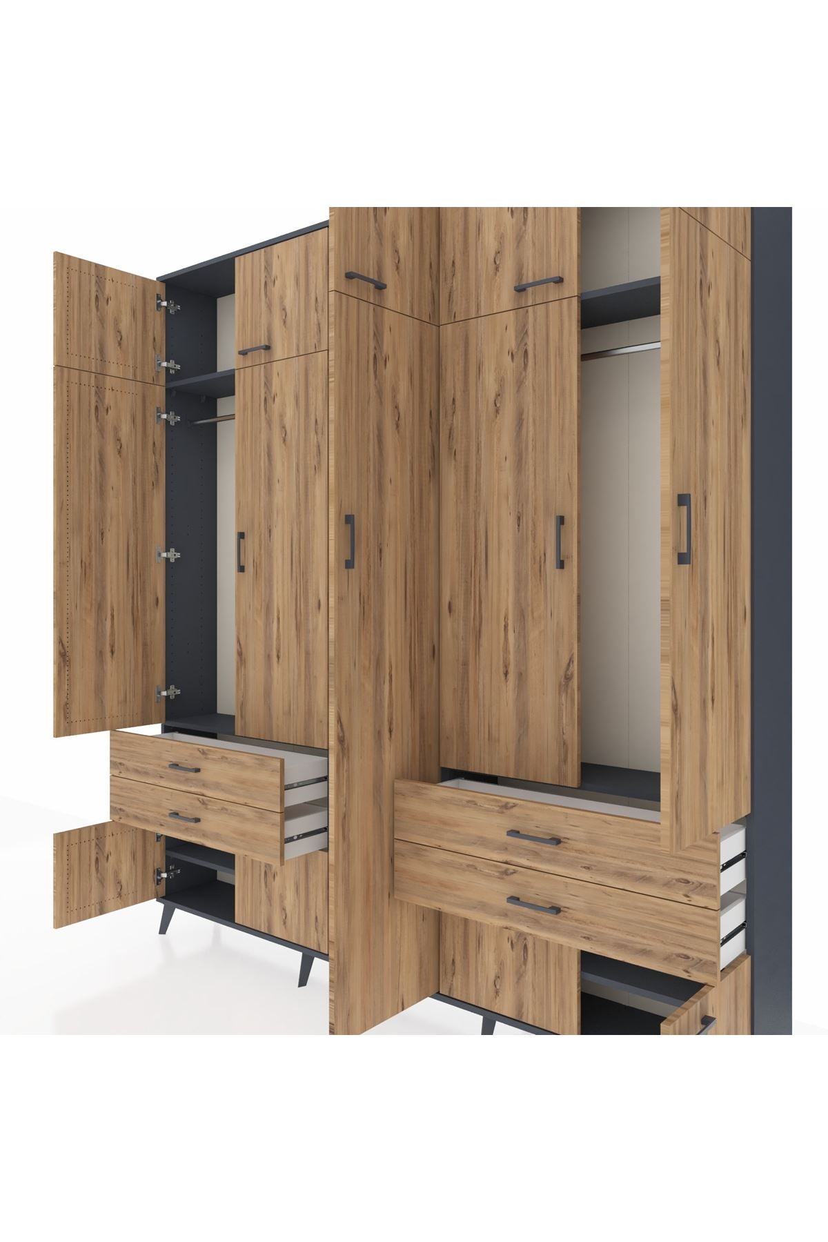 Arges Gardrop 12 Raflı 4 Çekmeceli 2 Askılı 220x30x243 Antrasit-Çam