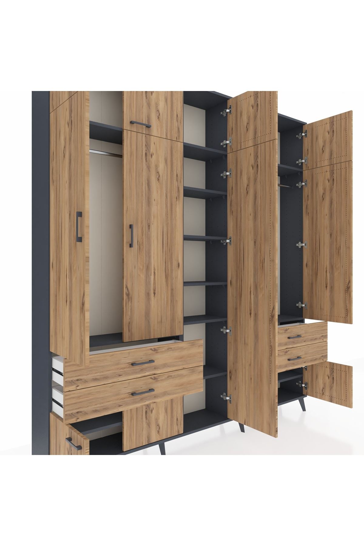 Arges Gardrop 12 Raflı 4 Çekmeceli 2 Askılı 220x30x243 Antrasit-Çam