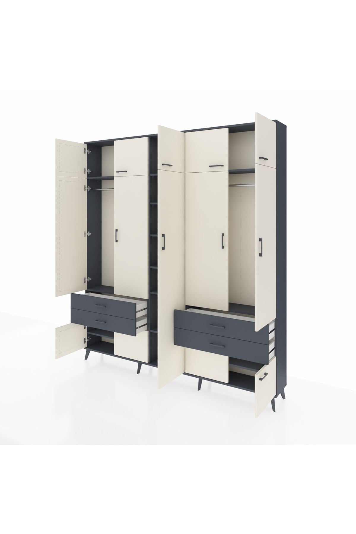 Arges Dolap 12 Raflı 4 Çekmeceli 2 Askılı 220x30x243 Antrasit-Aytaşı/Antrasit