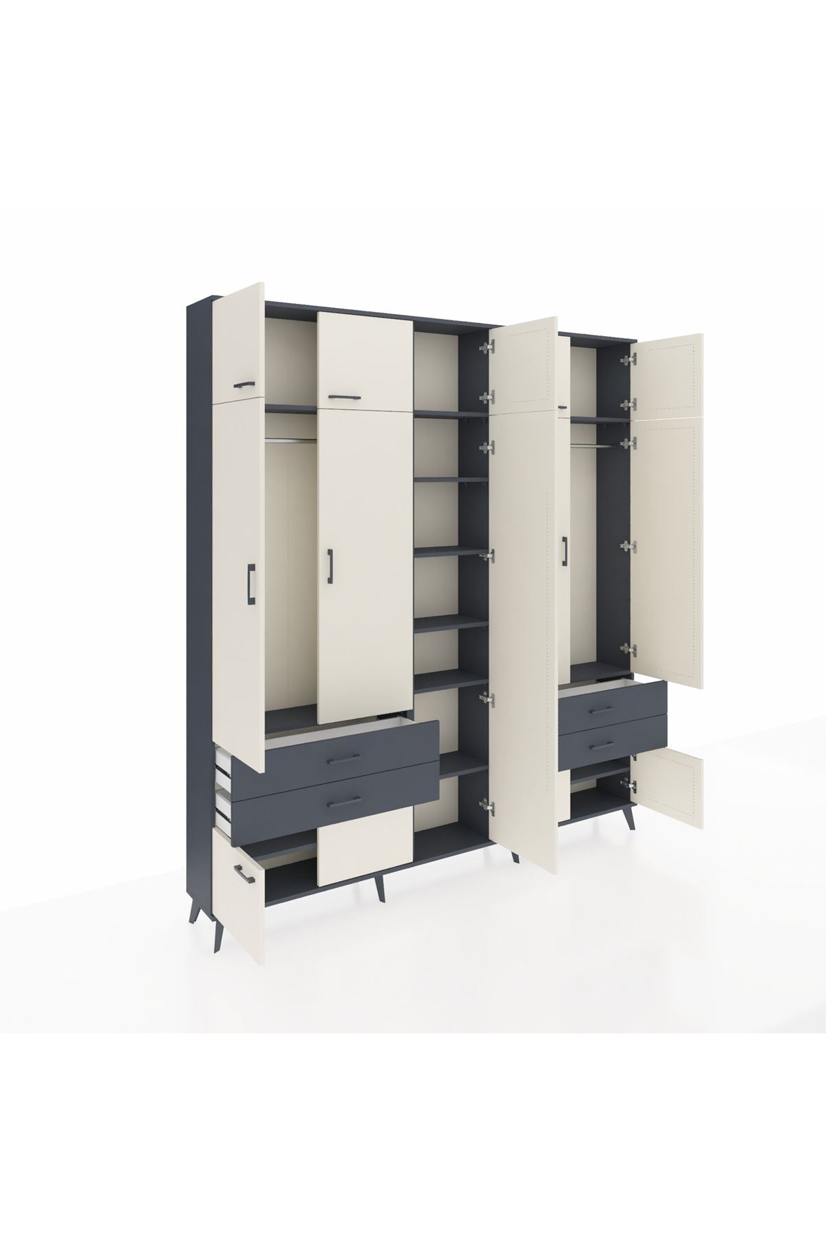 Arges Dolap 12 Raflı 4 Çekmeceli 2 Askılı 220x30x243 Antrasit-Aytaşı/Antrasit