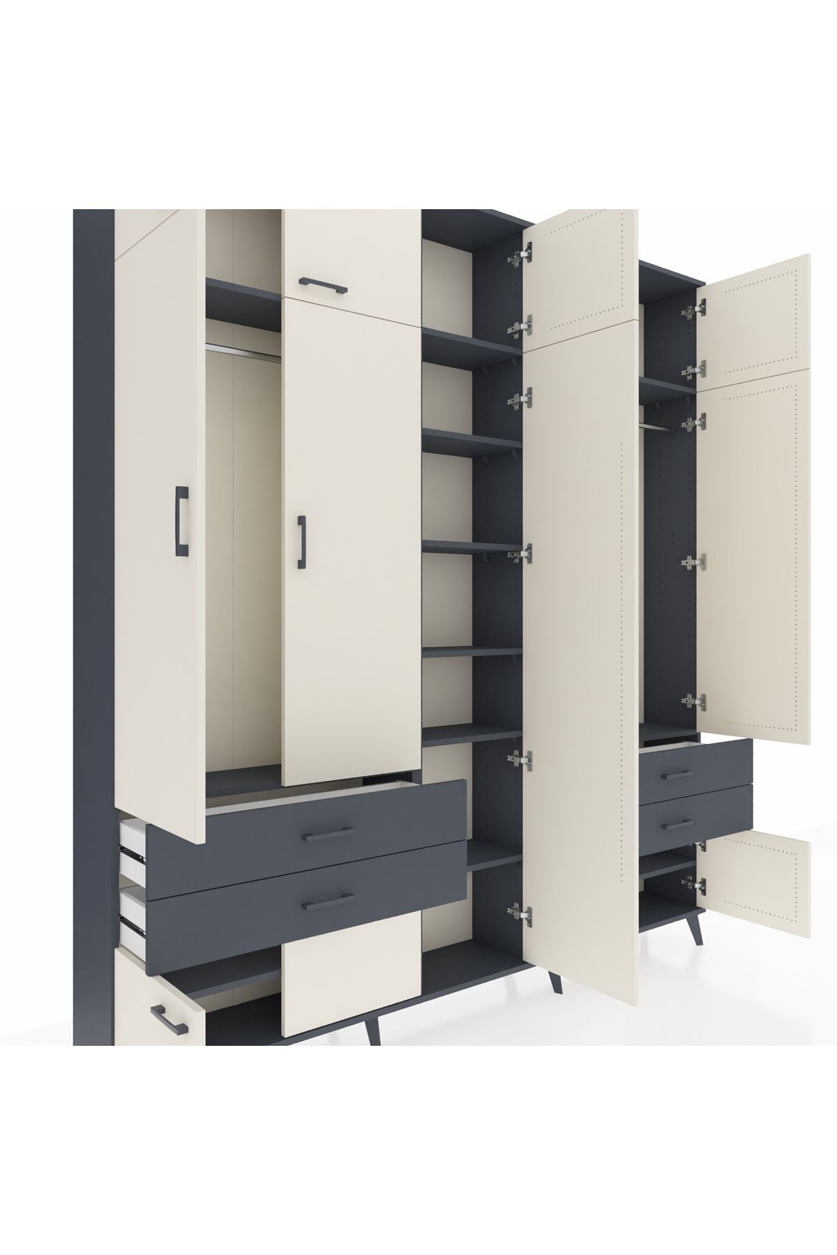 Arges Dolap 12 Raflı 4 Çekmeceli 2 Askılı 220x30x243 Antrasit-Aytaşı/Antrasit