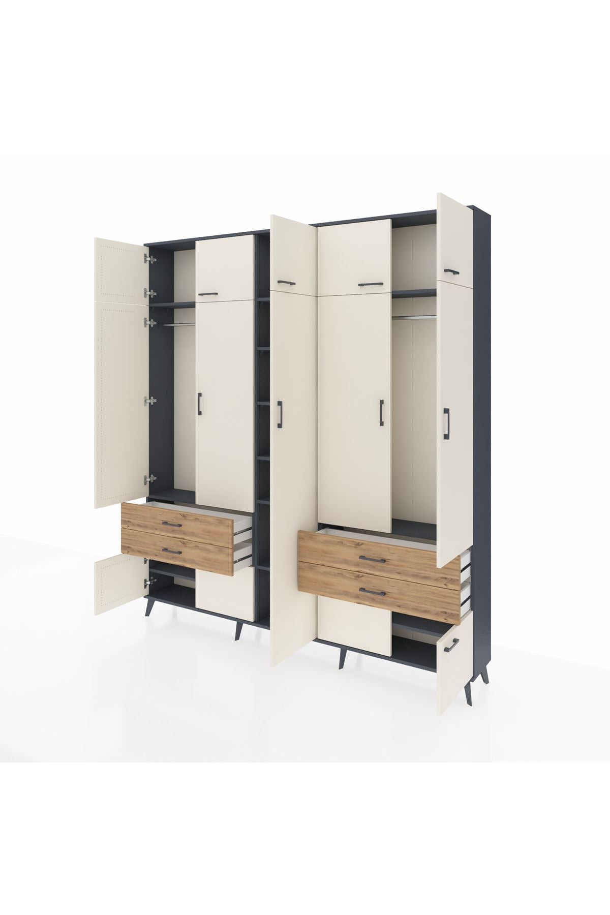 Arges Dolap 12 Raflı 4 Çekmeceli 2 Askılı 220x30x243 Antrasit-Aytaşı/Çam