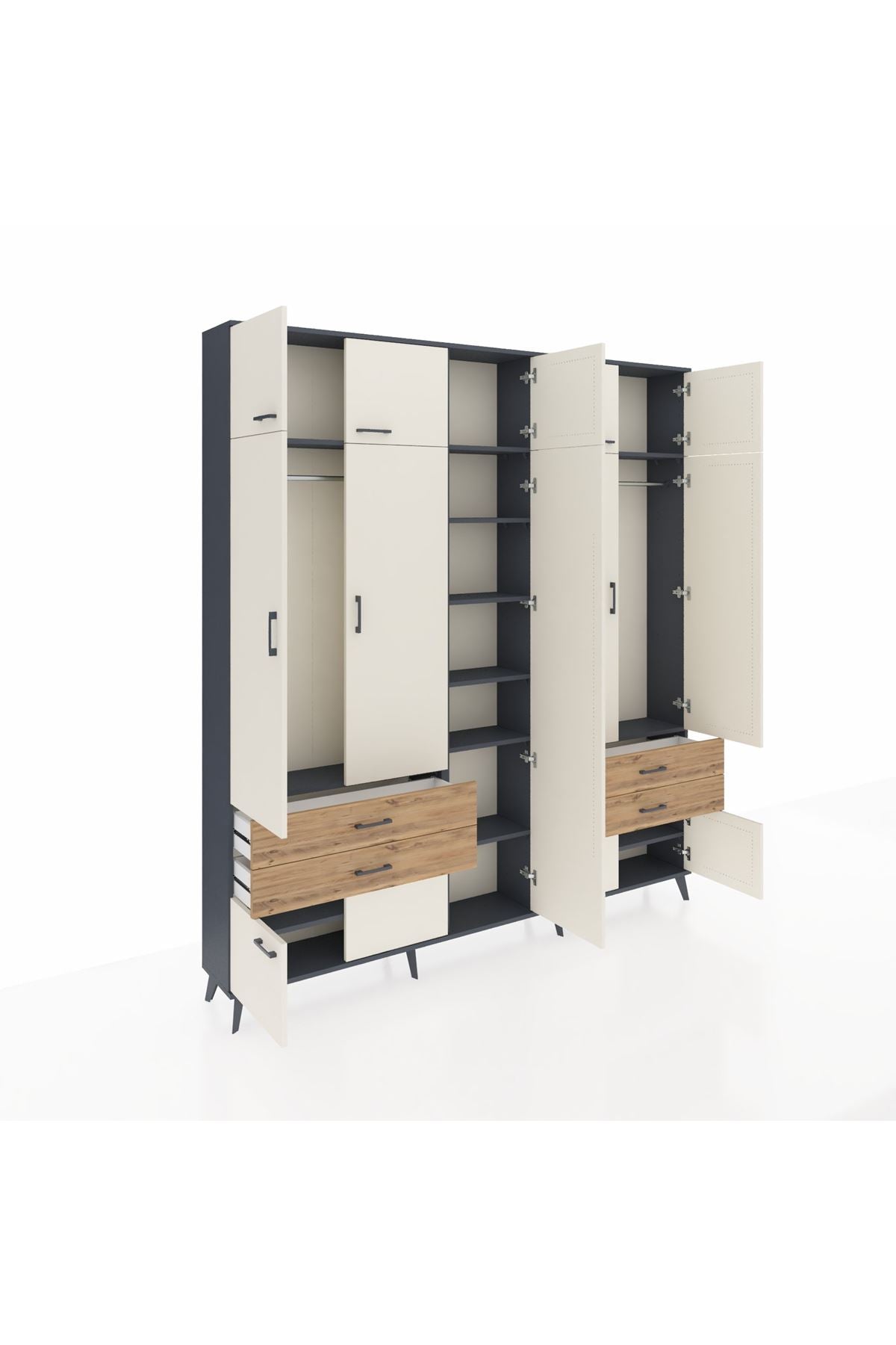 Arges Dolap 12 Raflı 4 Çekmeceli 2 Askılı 220x30x243 Antrasit-Aytaşı/Çam