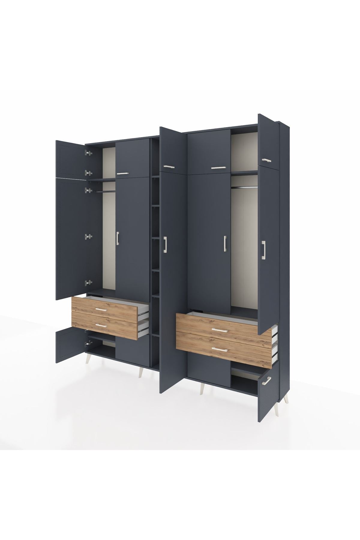 Arges Dolap 12 Raflı 4 Çekmeceli 2 Askılı 220x30x243 Antrasit-Antrasit/Çam