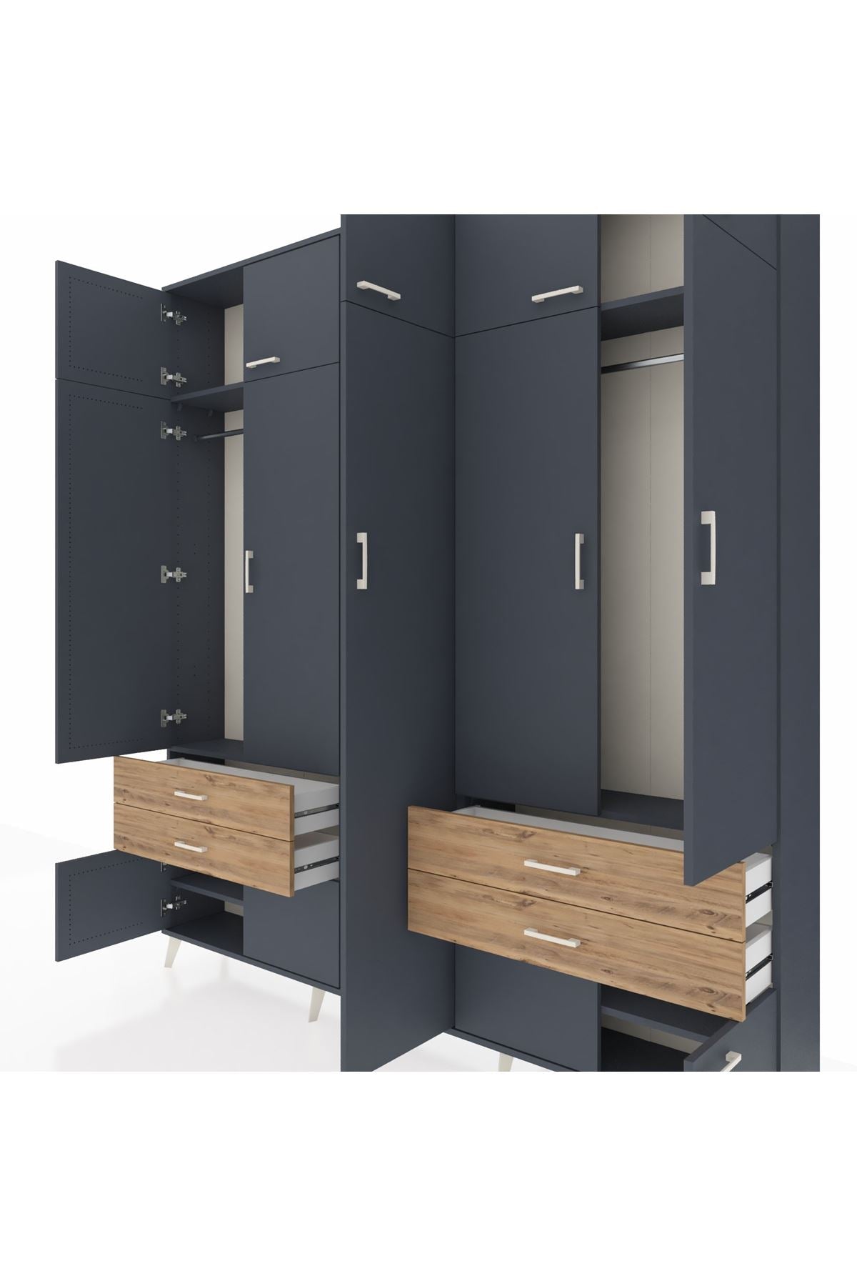 Arges Dolap 12 Raflı 4 Çekmeceli 2 Askılı 220x30x243 Antrasit-Antrasit/Çam