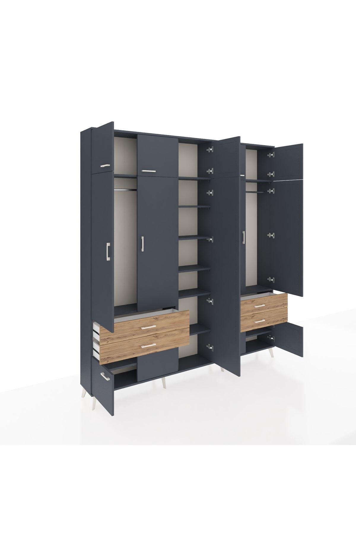 Arges Dolap 12 Raflı 4 Çekmeceli 2 Askılı 220x30x243 Antrasit-Antrasit/Çam