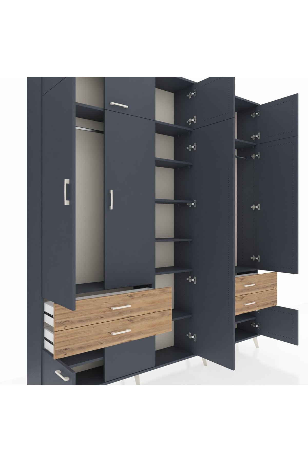 Arges Dolap 12 Raflı 4 Çekmeceli 2 Askılı 220x30x243 Antrasit-Antrasit/Çam