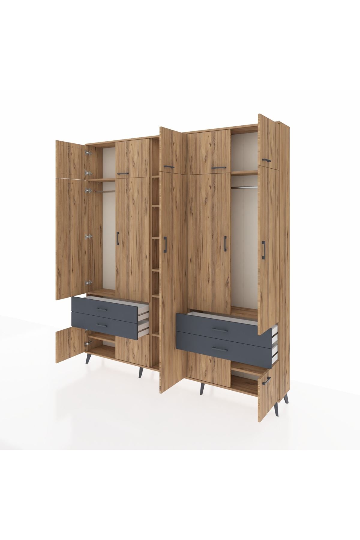 Arges Dolap 12 Raflı 4 Çekmeceli 2 Askılı 220x30x243 Çam-Çam/Antrasit