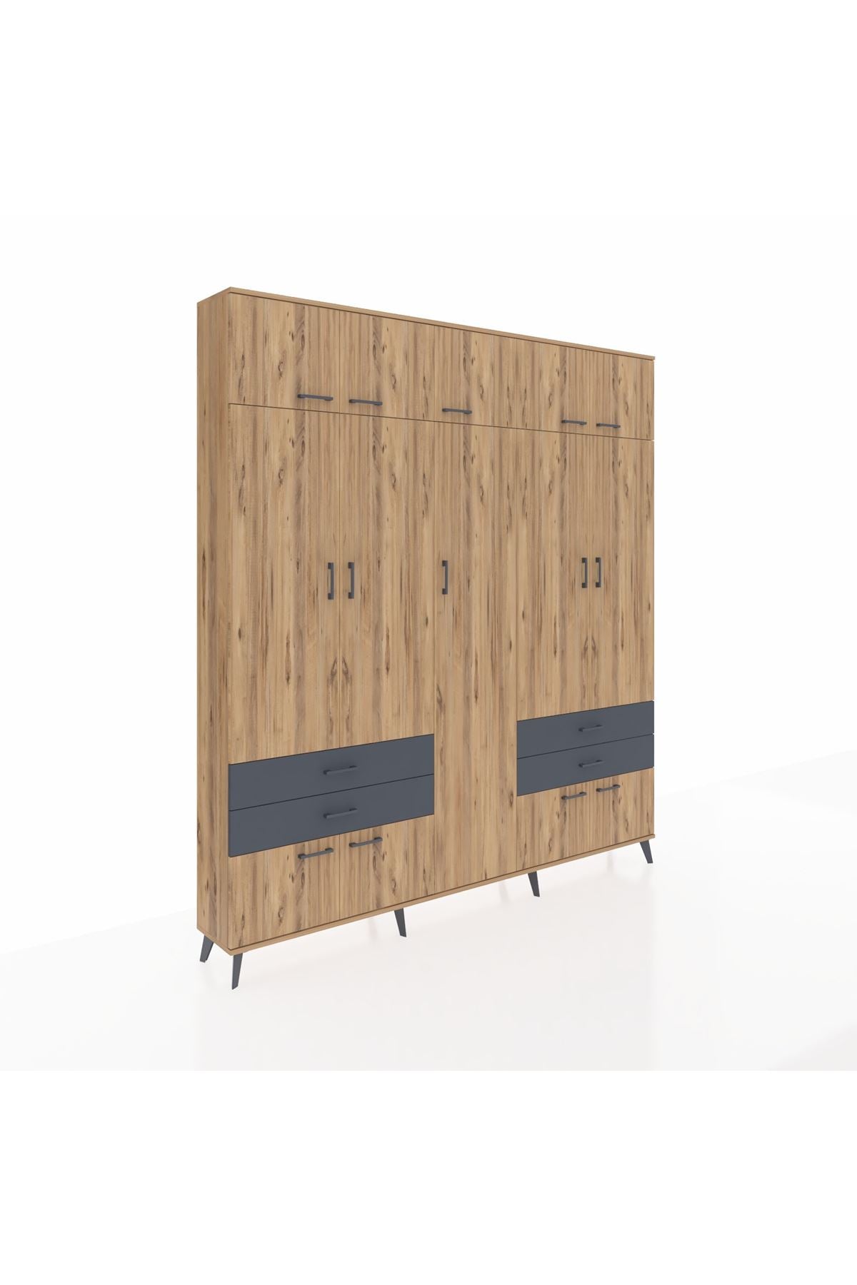 Arges Dolap 12 Raflı 4 Çekmeceli 2 Askılı 220x30x243 Çam-Çam/Antrasit