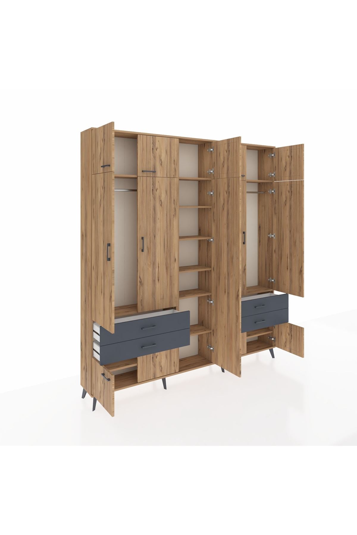 Arges Dolap 12 Raflı 4 Çekmeceli 2 Askılı 220x30x243 Çam-Çam/Antrasit