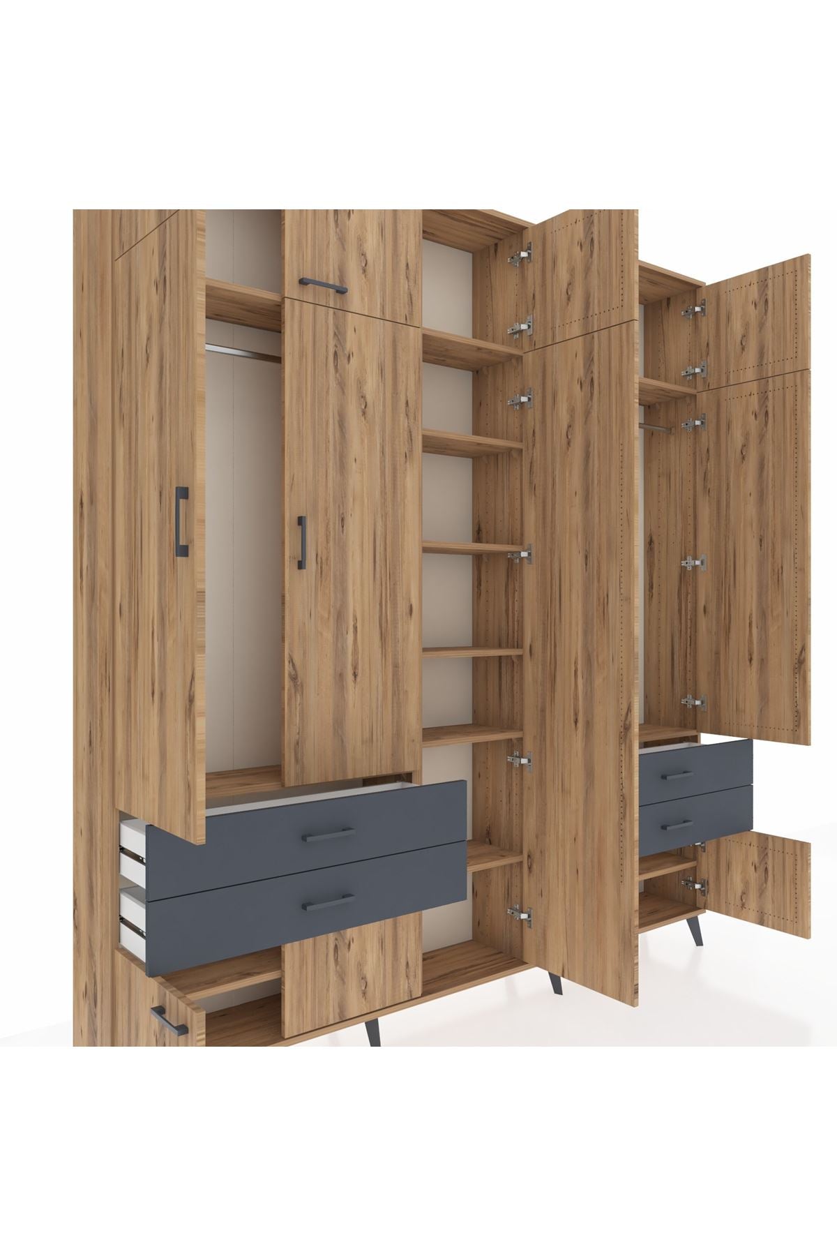 Arges Dolap 12 Raflı 4 Çekmeceli 2 Askılı 220x30x243 Çam-Çam/Antrasit