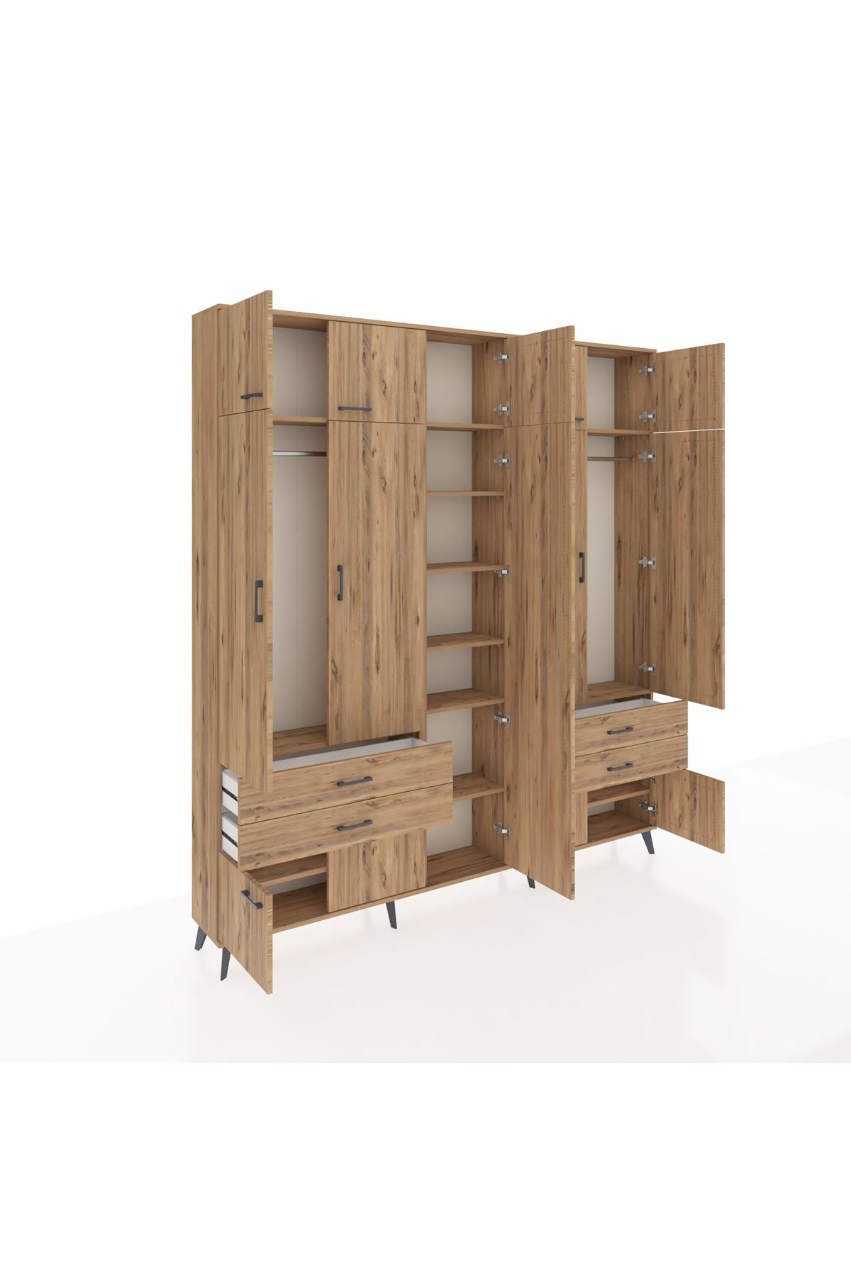 Arges Gardrop 12 Raflı 4 Çekmeceli 2 Askılı 220x30x243 Çam-Çam