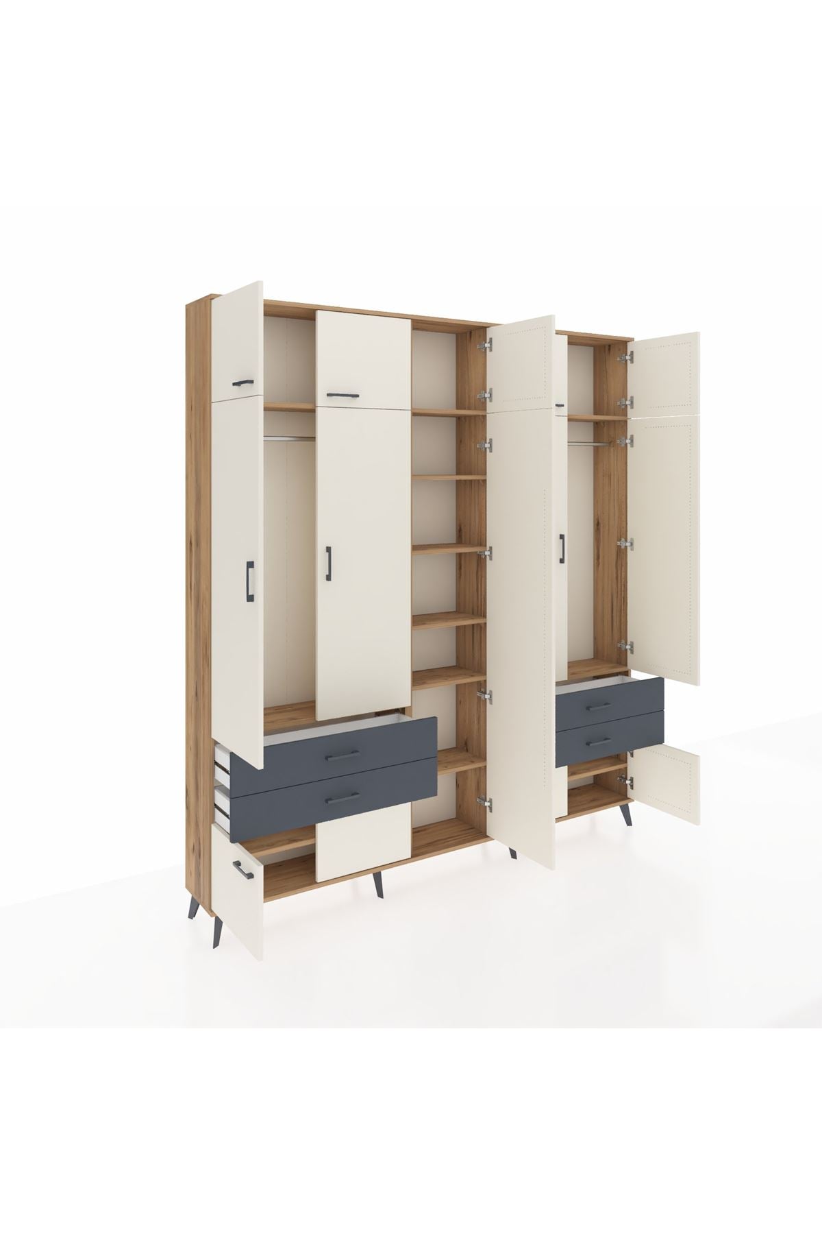 Arges Dolap 12 Raflı 4 Çekmeceli 2 Askılı 220x30x243 Çam-Aytaşı/Antrasit