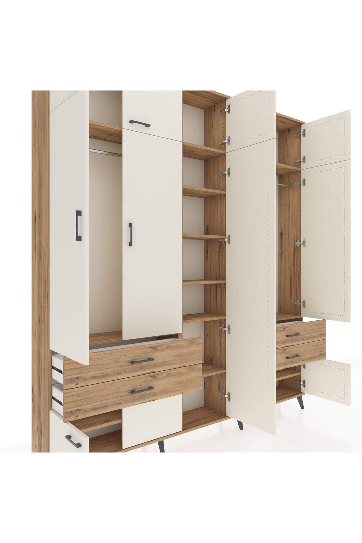 Arges Dolap 12 Raflı 4 Çekmeceli 2 Askılı 220x30x243 Çam-Aytaşı/Çam