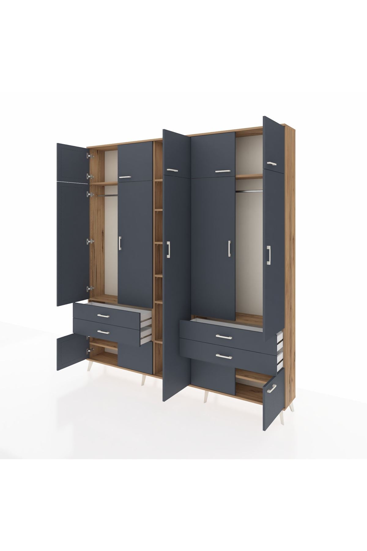 Arges Gardrop 12 Raflı 4 Çekmeceli 2 Askılı 220x30x243 Çam-Antrasit