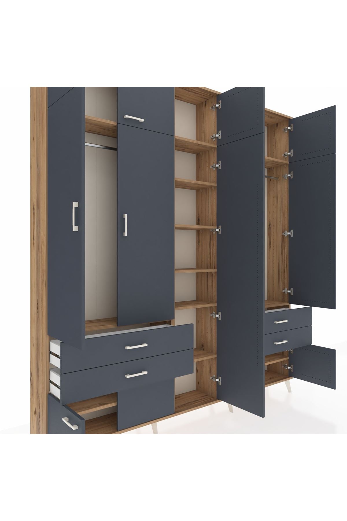 Arges Gardrop 12 Raflı 4 Çekmeceli 2 Askılı 220x30x243 Çam-Antrasit