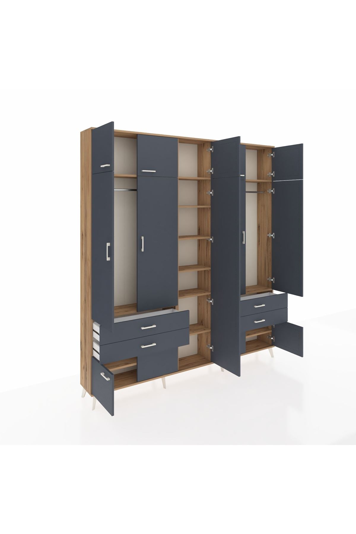 Arges Gardrop 12 Raflı 4 Çekmeceli 2 Askılı 220x30x243 Çam-Antrasit