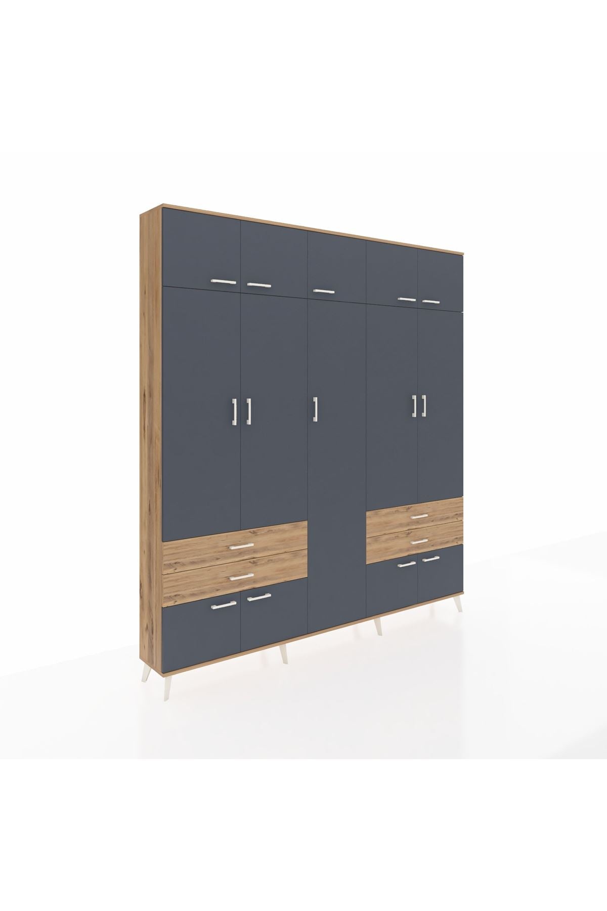 Arges Dolap 12 Raflı 4 Çekmeceli 2 Askılı 220x30x243 Çam-Antrasit/Çam