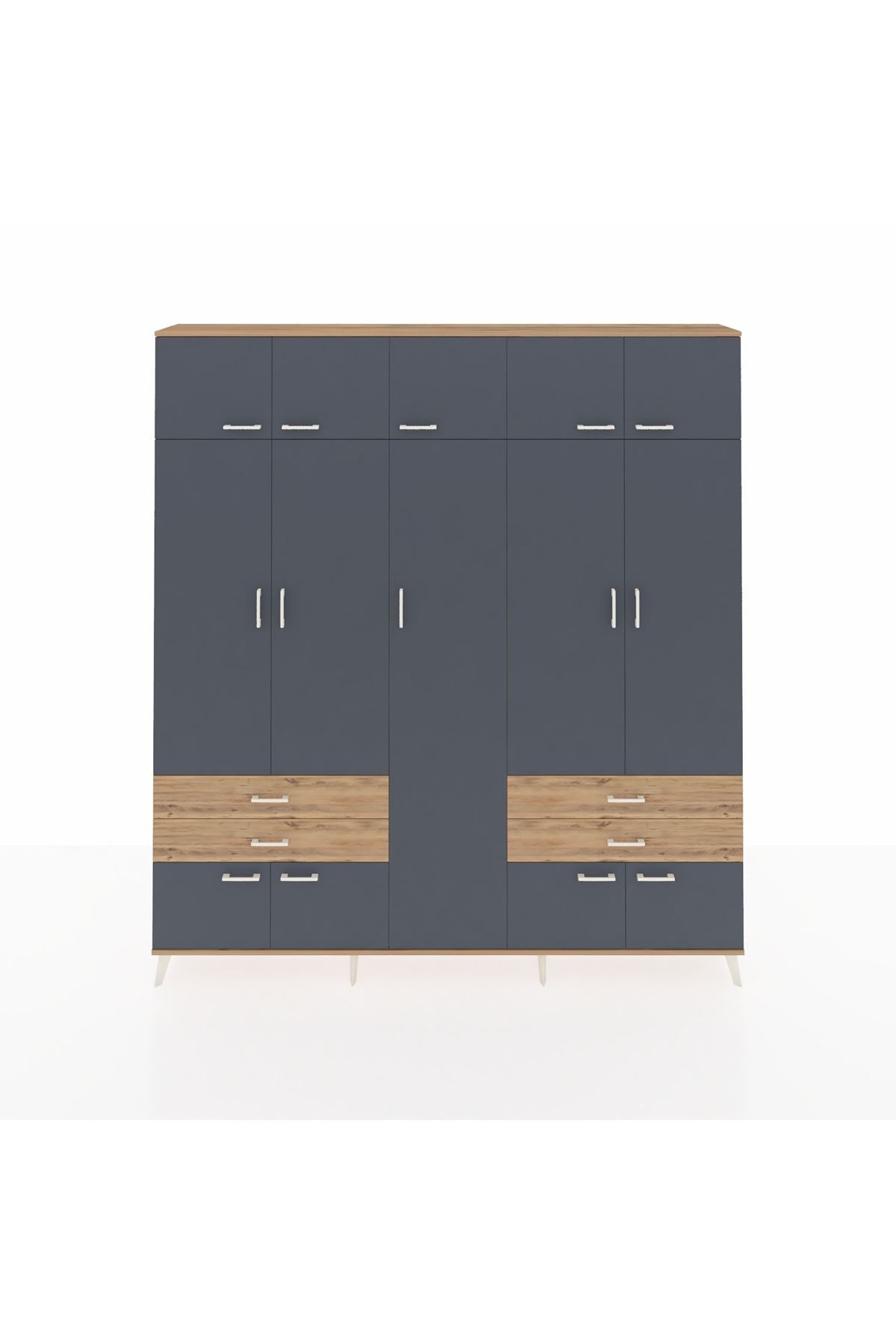 Arges Dolap 12 Raflı 4 Çekmeceli 2 Askılı 220x30x243 Çam-Antrasit/Çam