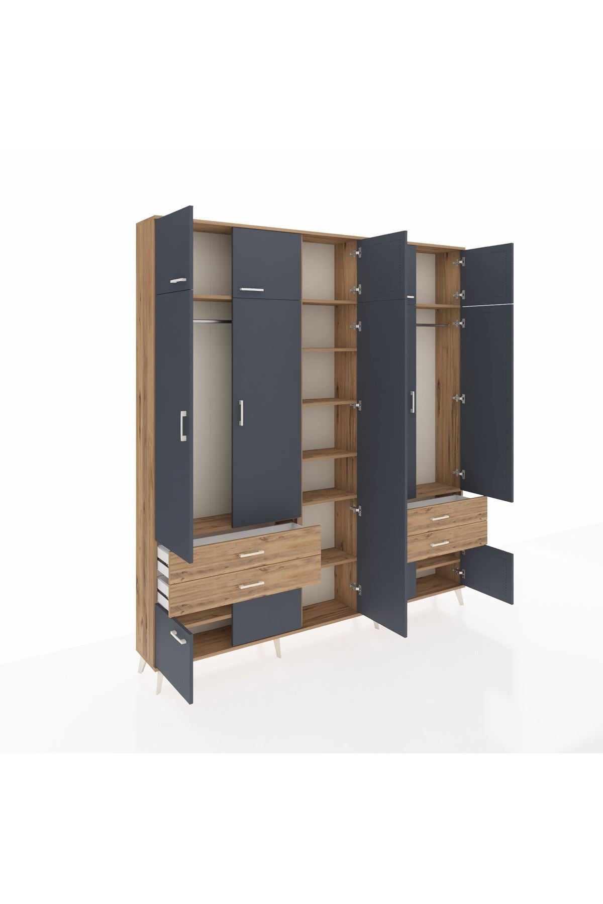 Arges Dolap 12 Raflı 4 Çekmeceli 2 Askılı 220x30x243 Çam-Antrasit/Çam