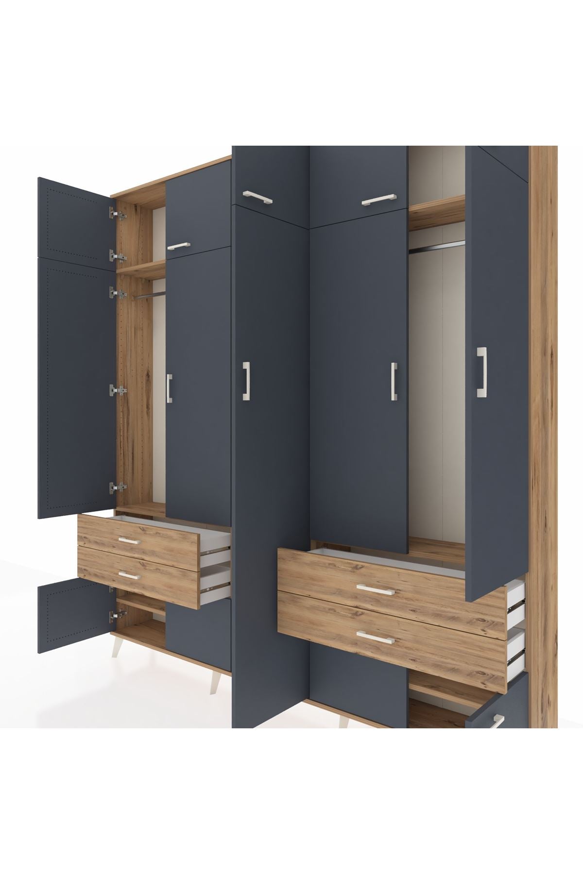 Arges Dolap 12 Raflı 4 Çekmeceli 2 Askılı 220x30x243 Çam-Antrasit/Çam