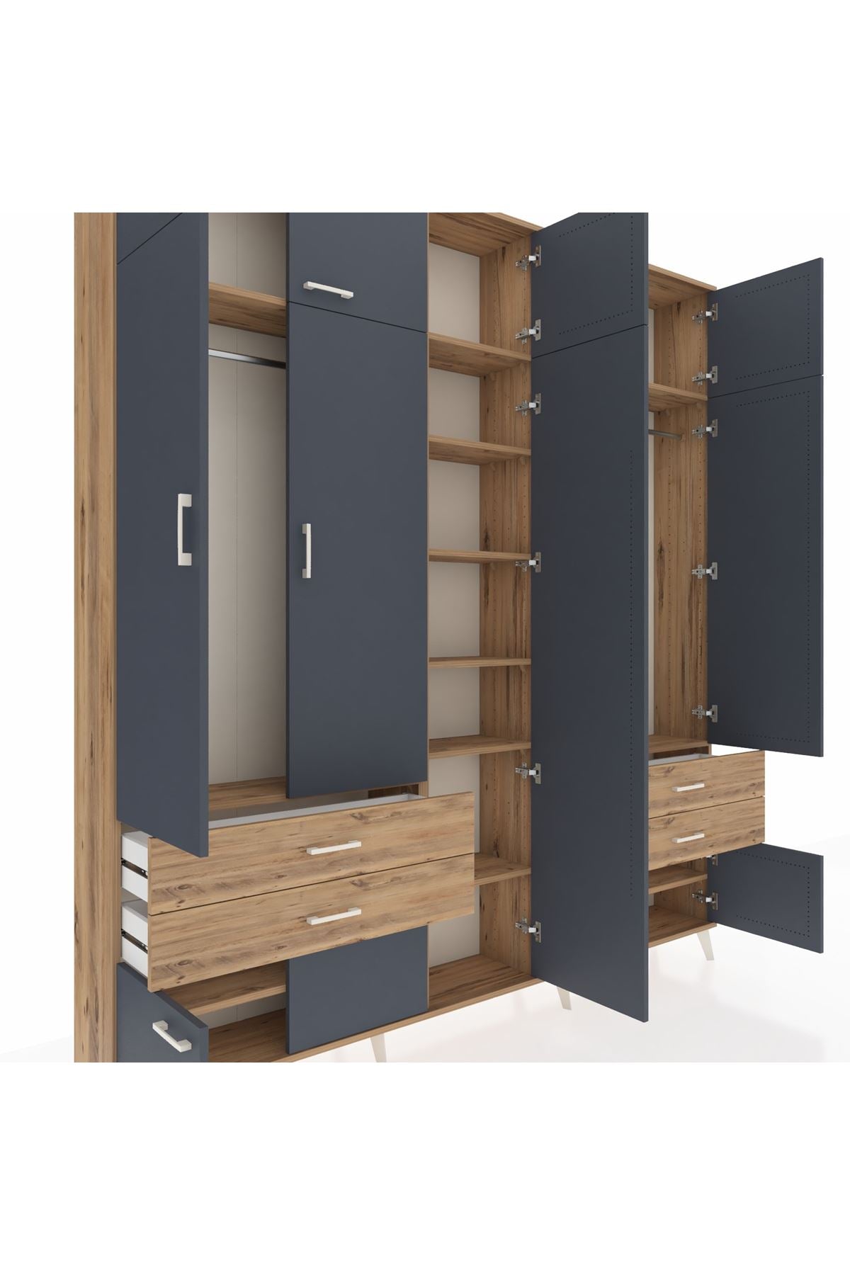 Arges Dolap 12 Raflı 4 Çekmeceli 2 Askılı 220x30x243 Çam-Antrasit/Çam